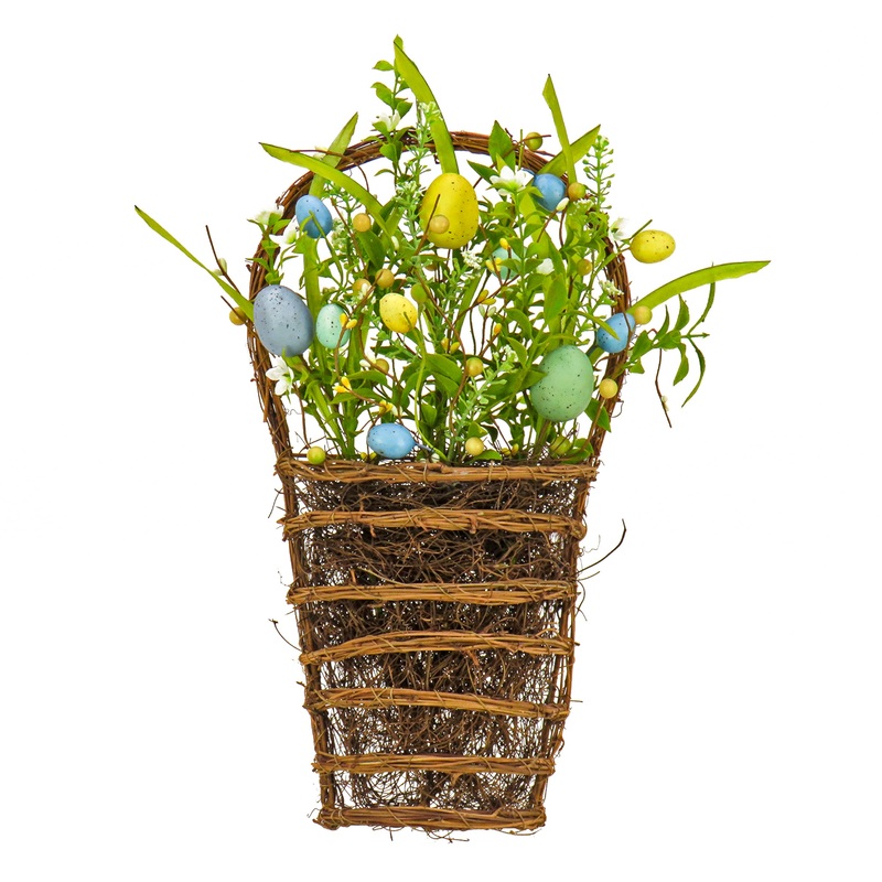 18 in. Easter Hanging Wall Basket Decorated with Pastel Eggs and Spring Flowers