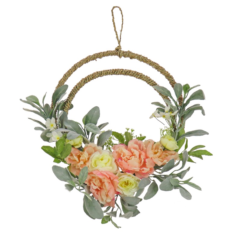 18 in. Spring Double Hoop Wreath with Peony, Rose, and Lamb's Ear Flower Blooms