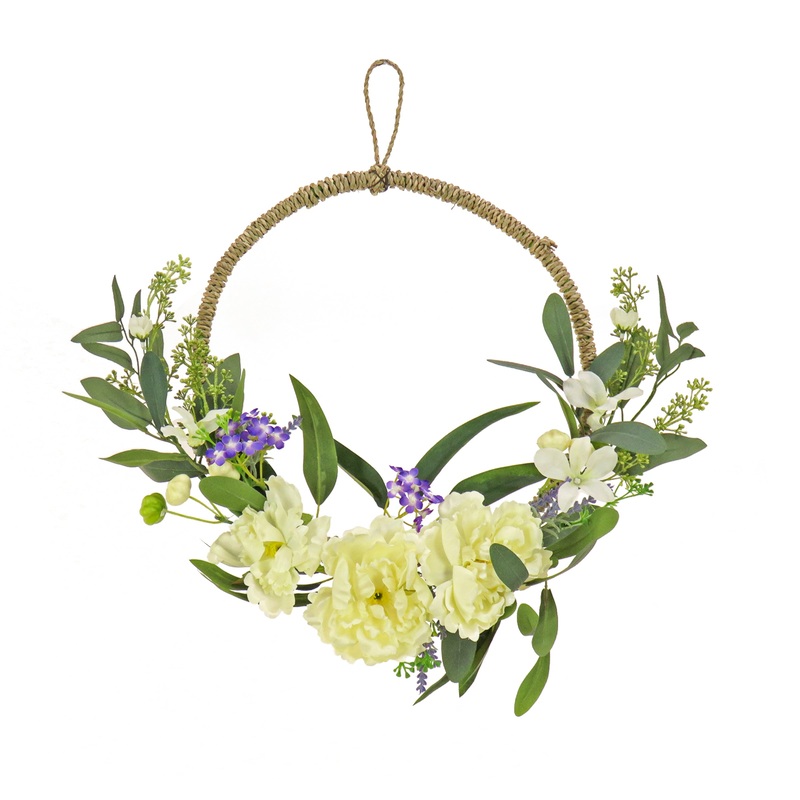 18 in. Spring Hoop Wreath with Peony Flower Blooms, Mini Blossoms, and Flowing Green Stems