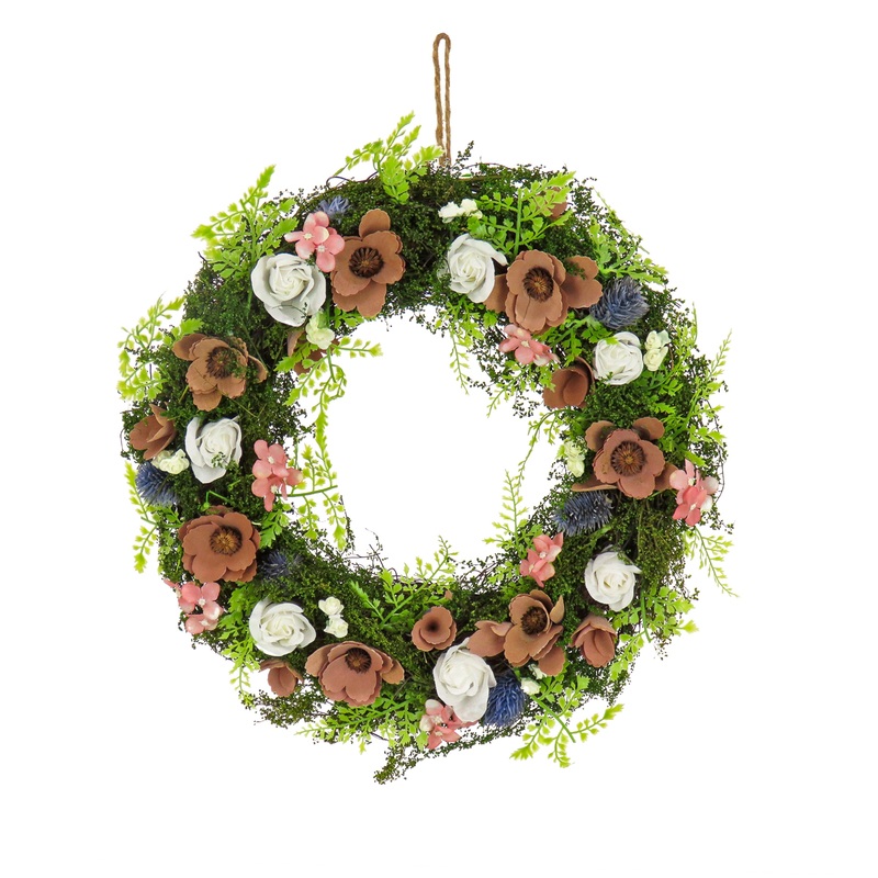 18 in. Spring Wreath with Assorted Flower Blooms, Roses, Seed Pods, Flowing Green Stems