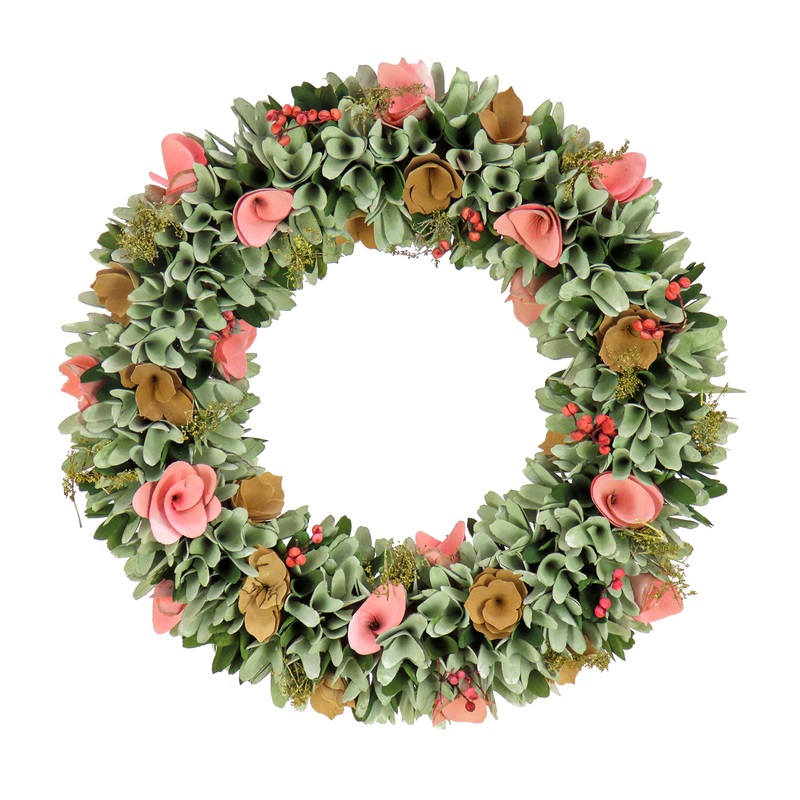 18 in. Spring Wreath with Pink and Brown Assorted Wood Cut Flowers, Flowing Green Leaves