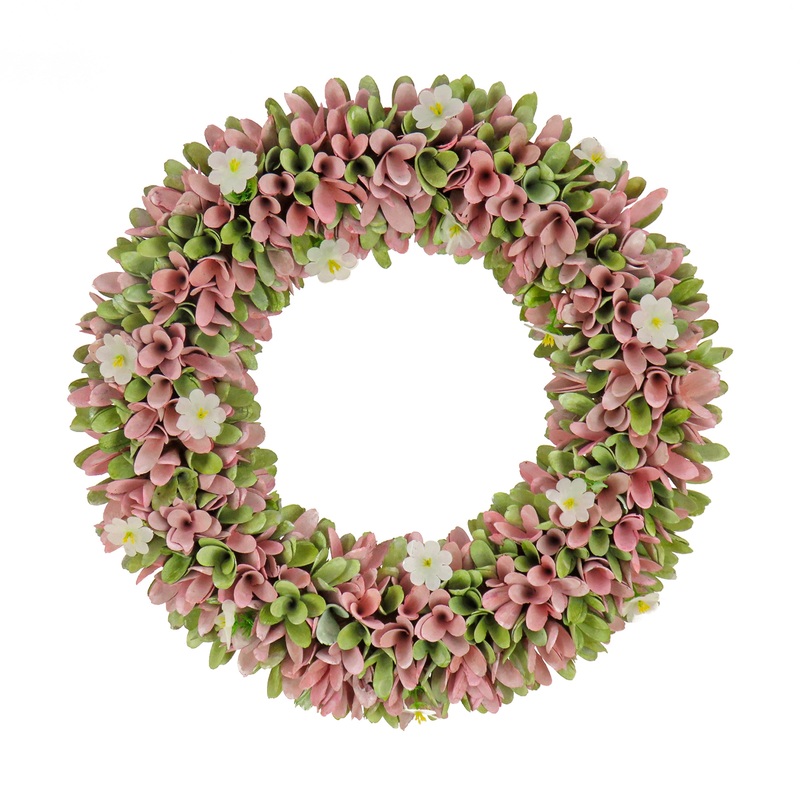 18 in. Spring Wreath with Pink and Green Assorted Wood Cut Flowers, Flowing Green Leaves
