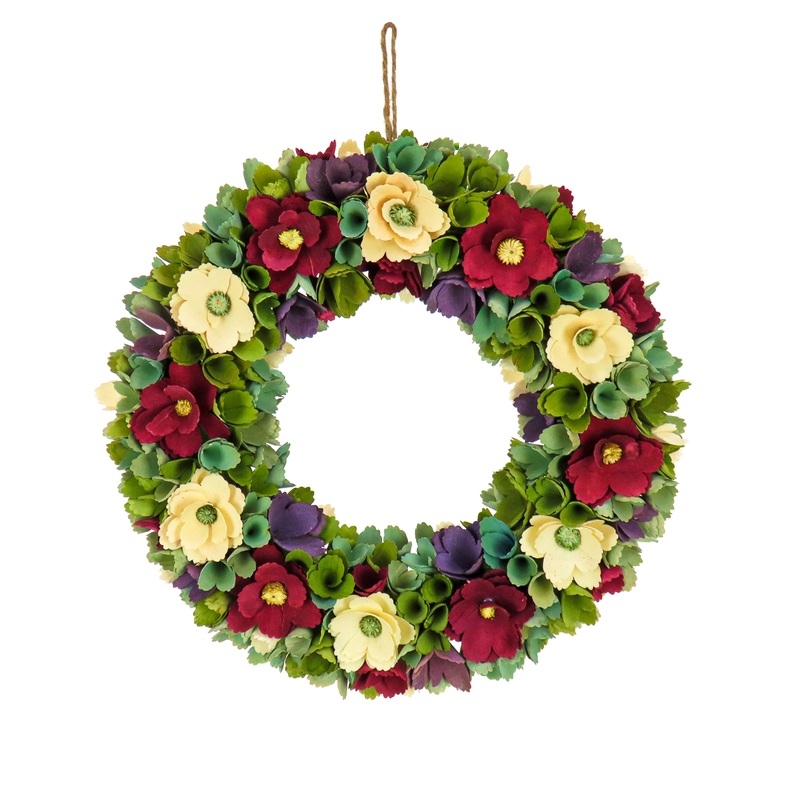 18 in. Spring Wreath with Red and Cream Assorted Wood Cut Flowers, Flowing Green Leaves