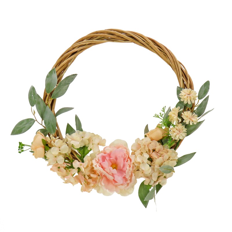 19 in. Spring Hoop Wreath with Wild Rose and Peony Flowers