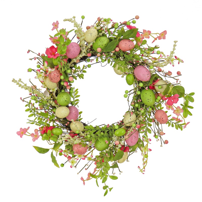 20 in. Easter Wreath Decorated with Pink Flower Blooms and Pastel Eggs