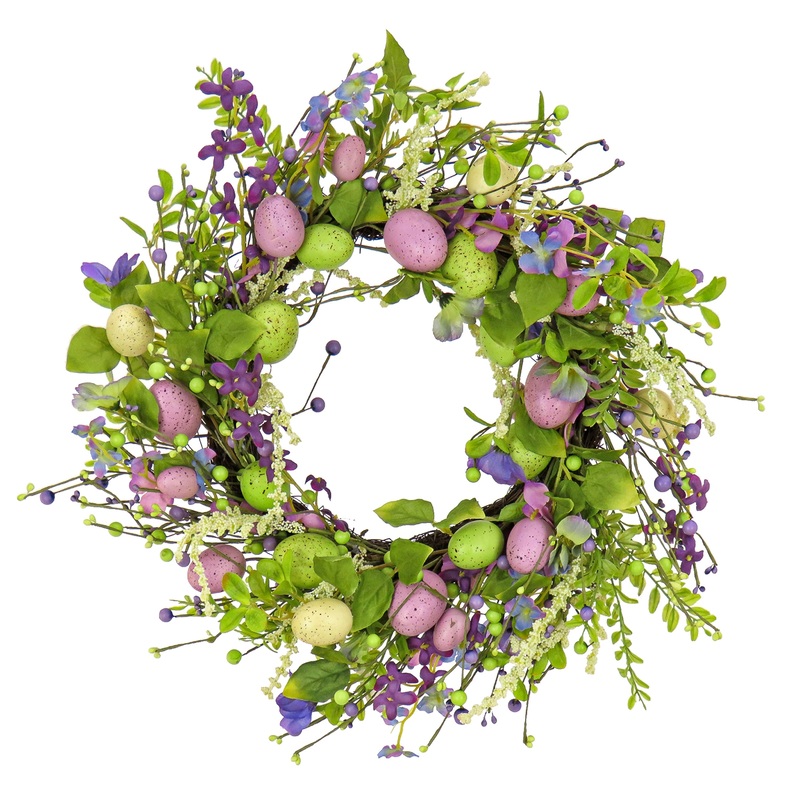 20 in. Easter  Wreath Decorated with Purple Flower Blooms and Pastel Eggs