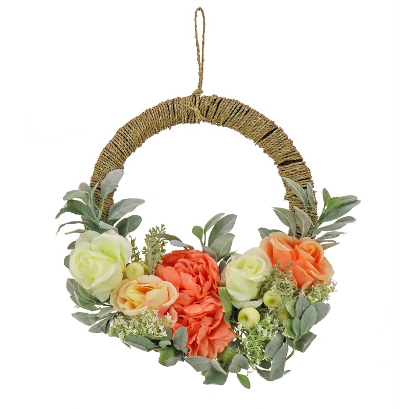 20 in. Spring Hoop Wreath with Peony, Rose, and Lamb's Ear Flower Blooms