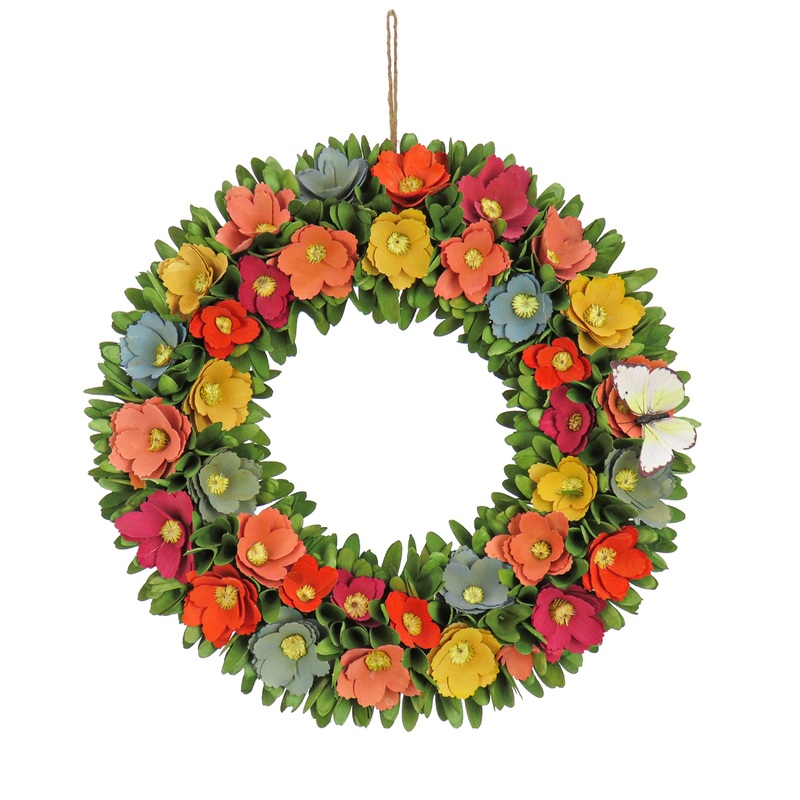 20 in. Spring Wreath with Colorful Assorted Wood Cut Flowers, Flowing Green Leaves