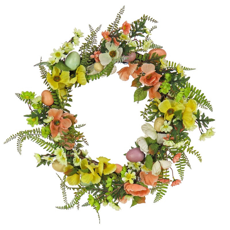 22 in. Easter Wreath Decorated with Colorful Pastel Eggs, Pink and Yellow Flowers, Ferns, Leafy Greens