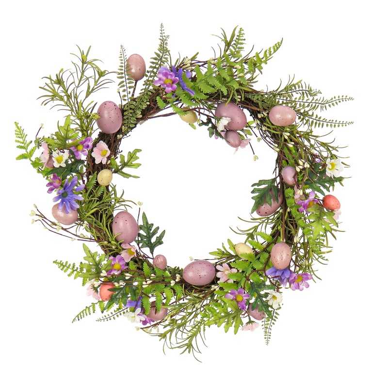 22 in. Easter Wreath Decorated with Pink Pastel Eggs, Purple Flowers, Ferns, Leafy Greens