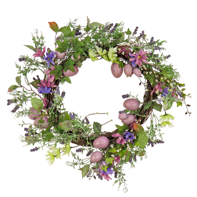 22 in. Easter Wreath Decorated with Purple Pastel Eggs, Pink Flowers, Leafy Greens