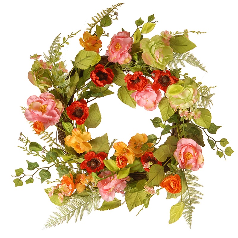 22 in. Spring Wreath with Assorted Flowers, Fern Fronds, and Leafy Greens