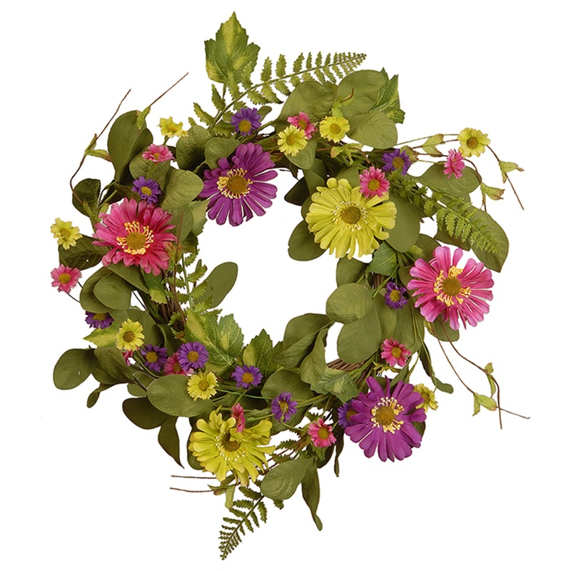 22 in. Spring Wreath with Dasiy Blooms, Leafy Greens