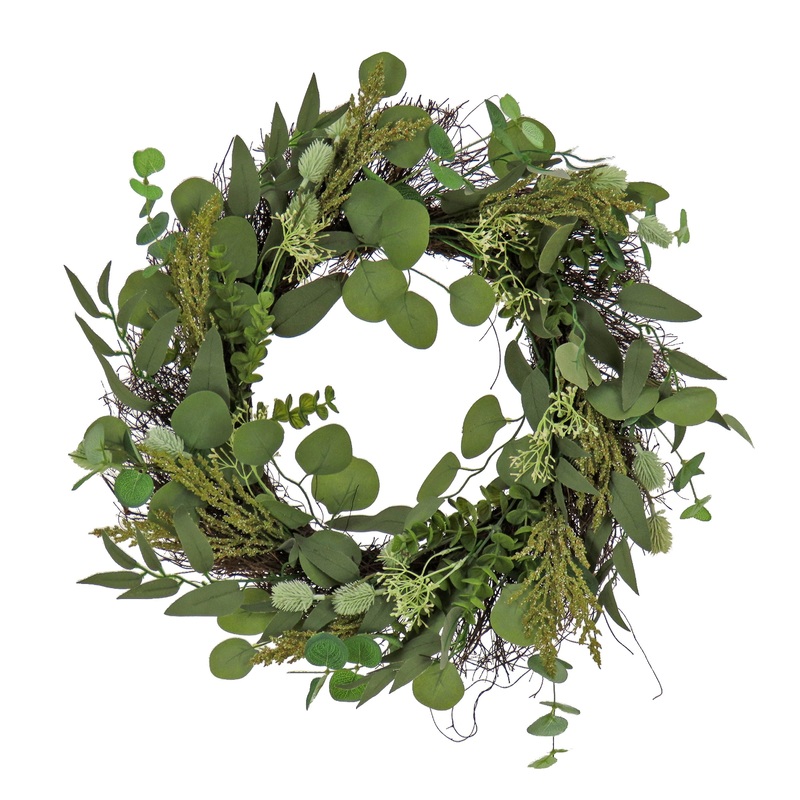 22 in. Spring Wreath with Eucalyptus Leaves, Baby's Breath, Flowing Green Stems