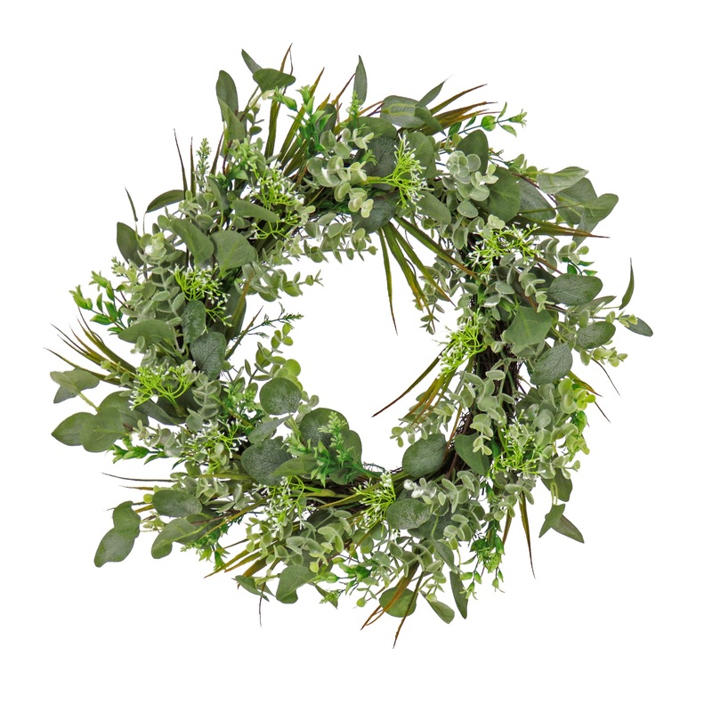 22 in. Spring Wreath with Eucalyptus Leaves, Flowing Green Stems