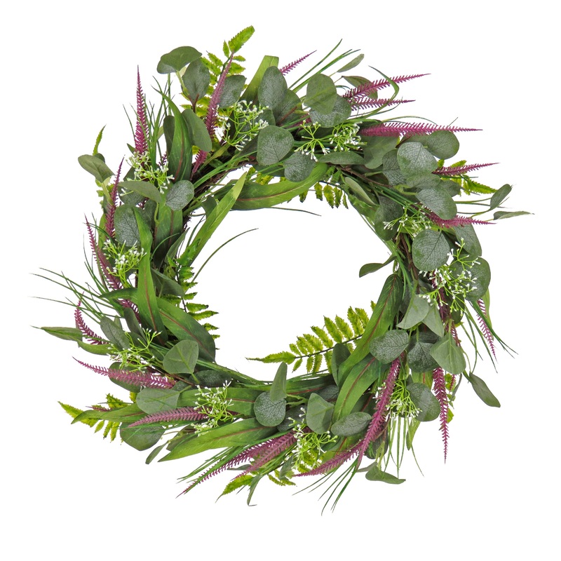 22 in. Spring Wreath with Eucalyptus Leaves, Lavender, Flowing Green Stems