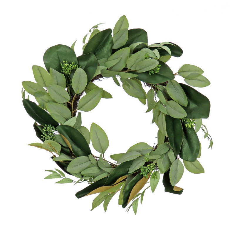 22 in. Spring Wreath with Eucalyptus Leaves, Magnolia Blooms, Flowing Green Stems