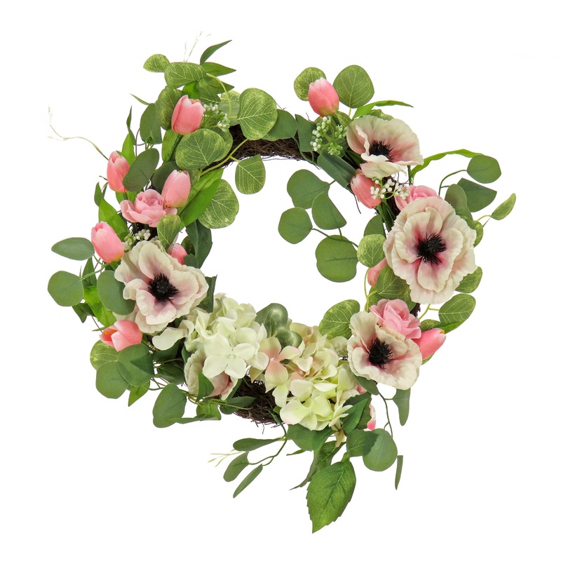 22 in. Spring Wreath with Hydrangea, Tulip, and Eucalyptus Blooms