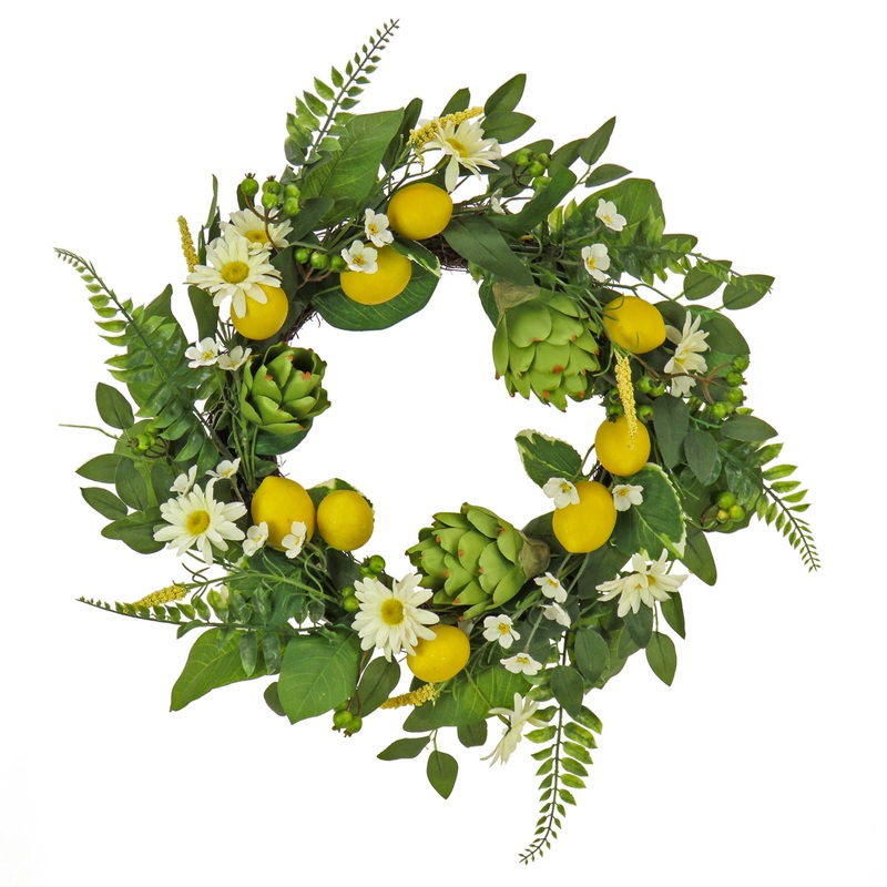 22 in. Spring Wreath with Lemons, Artichokes, Daisy Blooms, Leafy Greens