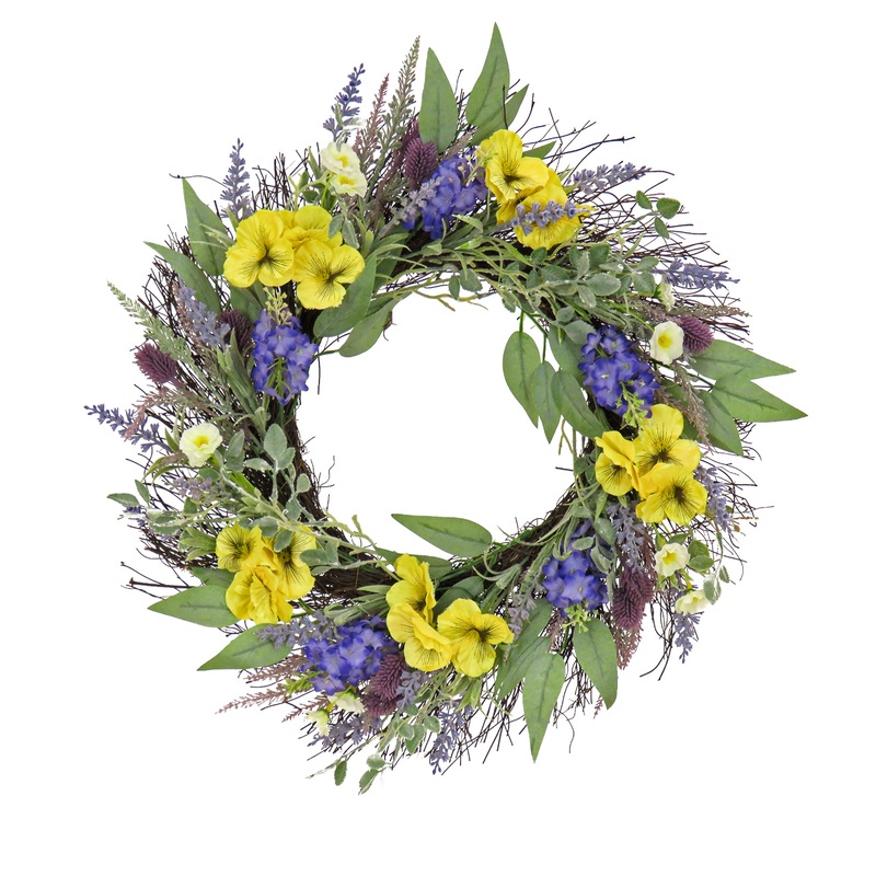 22 in. Spring Wreath with  Pansy Blooms, Lavender, and Assorted Blossoms