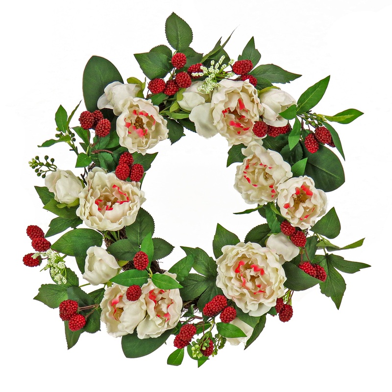 22 in. Spring Wreath with Peony Flowers, Raspberries, and Leafy Greens