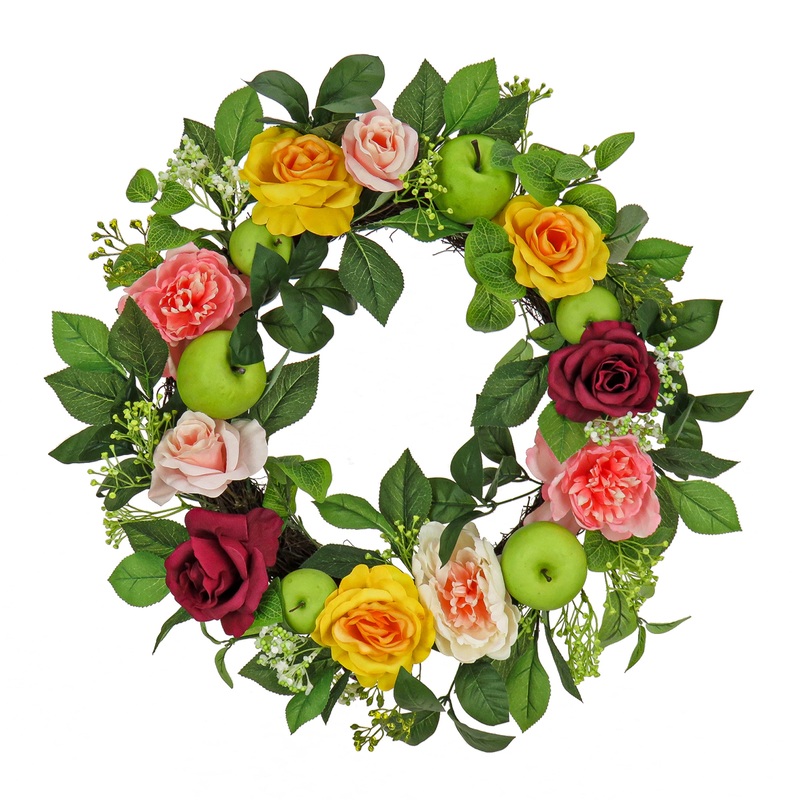 22 in. Spring Wreath with Rose and Peony Blooms, Apples, Leafy Greens