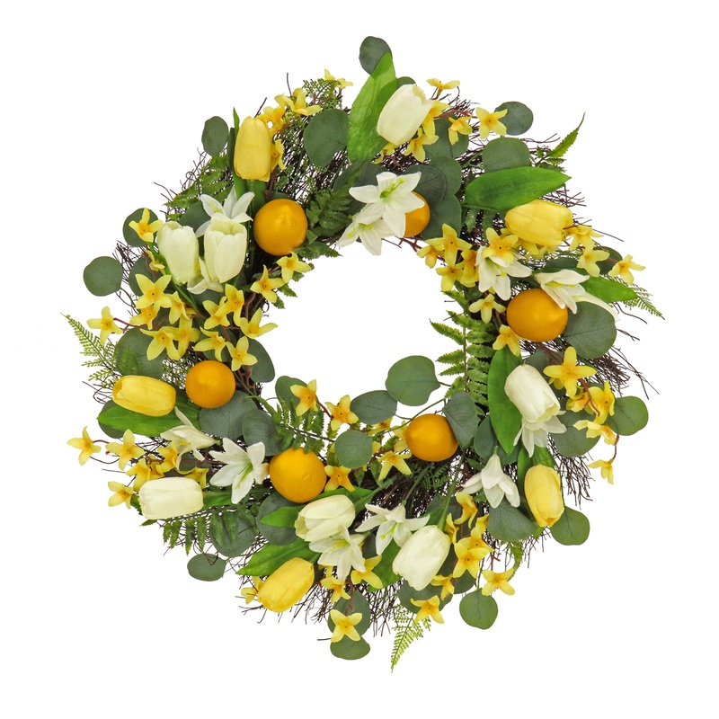 22 in. Spring Wreath with Yellow Tulip Blooms, Lemons, and Forsythia Flower Blossoms