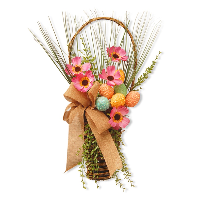 23 in. Easter Stuffed Hanging Wall Basket Stuffed with Pastel Eggs, Ribbon, Flower Blooms