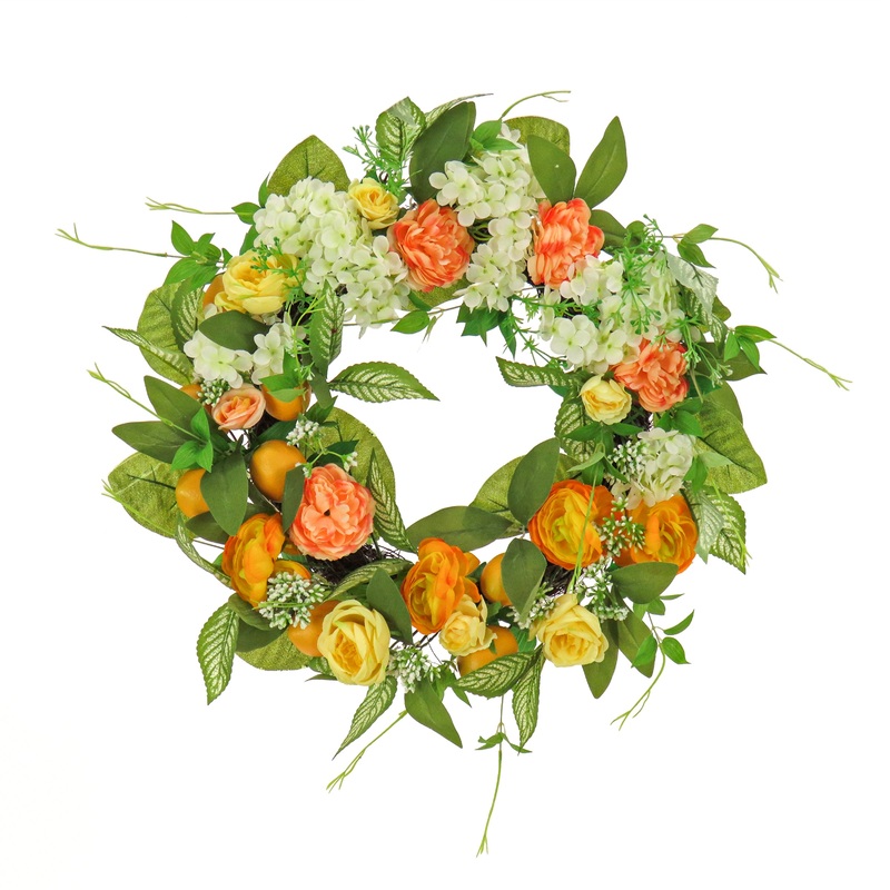 24 in.Spring Wreath with Lemons, Hydrangeas, and Buttercups