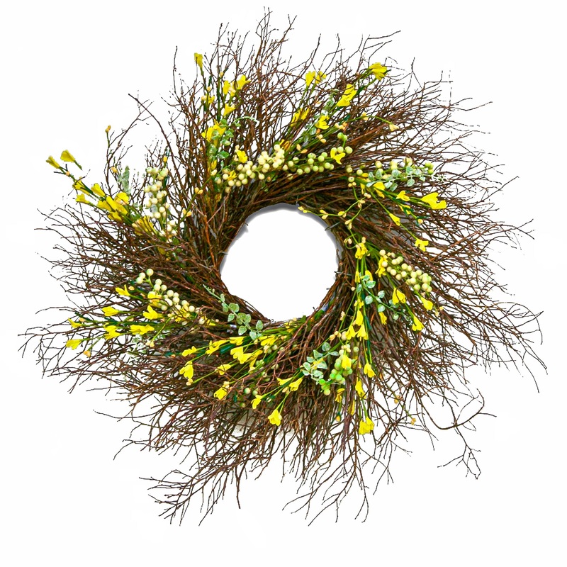 24 in. Spring Wreath with Yellow Forsythia Flowers and Swirl of Bristle Twigs