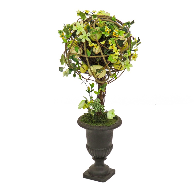 26 in. Easter Single Topiary Ball in a Urn Decorated with Pastel Eggs and Flower Blooms