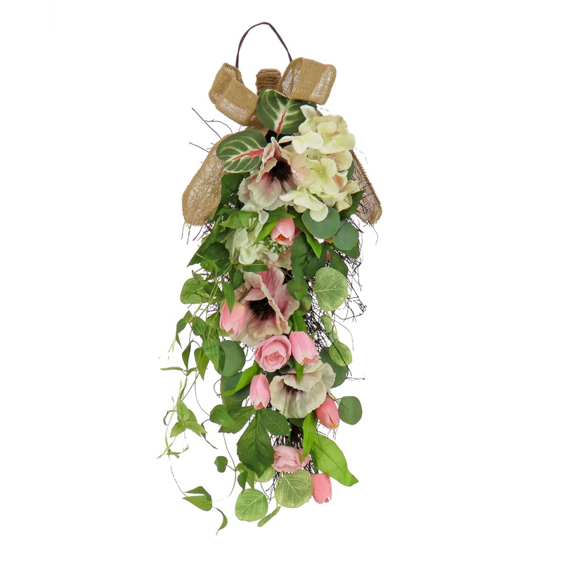 26 in. Spring Teardrop Wall Hanging Decoration with Hydrangea and Tulip Blooms, Eucalyptus Leaves, Flowing Green Stems