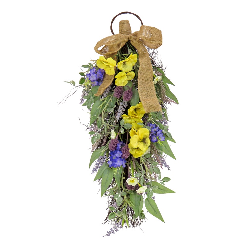 26 in. Spring Teardrop Wall Hanging Decoration with Pansy Blooms, Lavender, Assorted Blossoms, Flowing Green Stems
