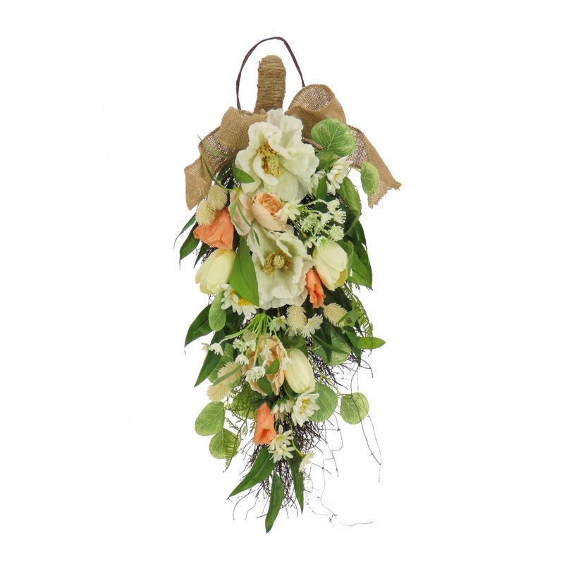 26 in. Spring Teardrop Wall Hanging Decoration with Tulip Blooms, Poppies, Buttercup Blossoms, Flowing Green Stems
