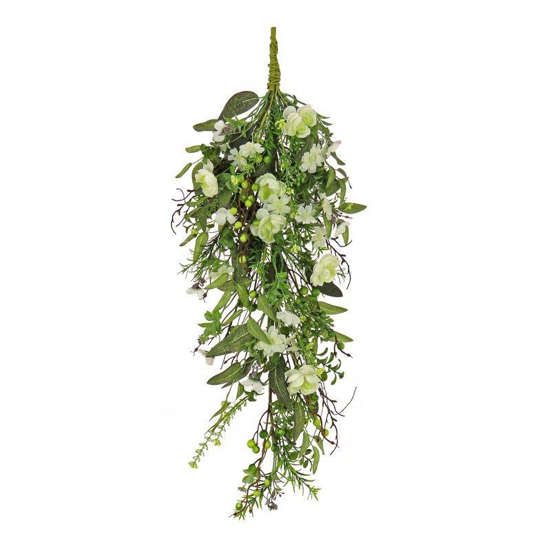 28 in. Spring Teardrop Wall Hanging Decoration with Flower Blooms, Berries, Leafy Greens