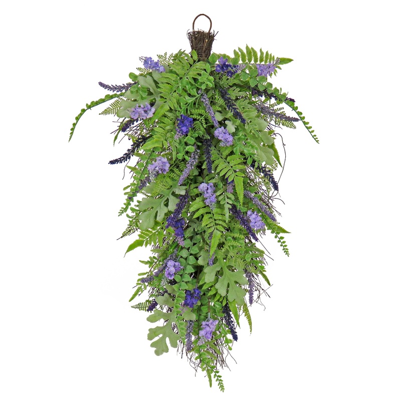 30 in. Spring Teardrop Wall Hanging Decoration with Astilbe Flower Blooms, Ferns, Leafy Greens