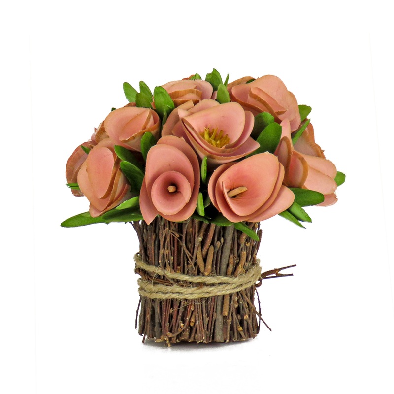 7 in. Spring Floral Bundle with Pink Floral Blooms, Twig Base