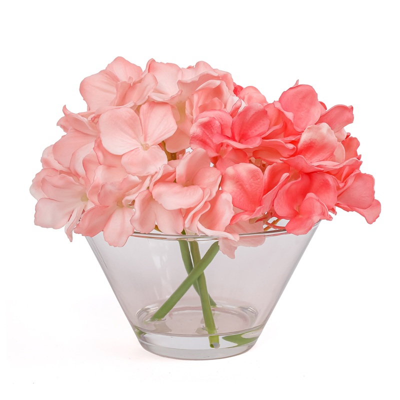 8 in. Spring Coral Hydrangea Bouquet in Glass Vase