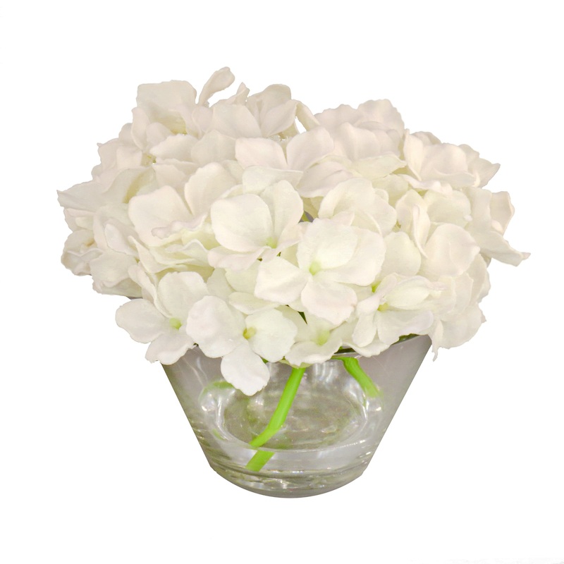8 in. Spring White Hydrangea Bouquet in Glass Vase