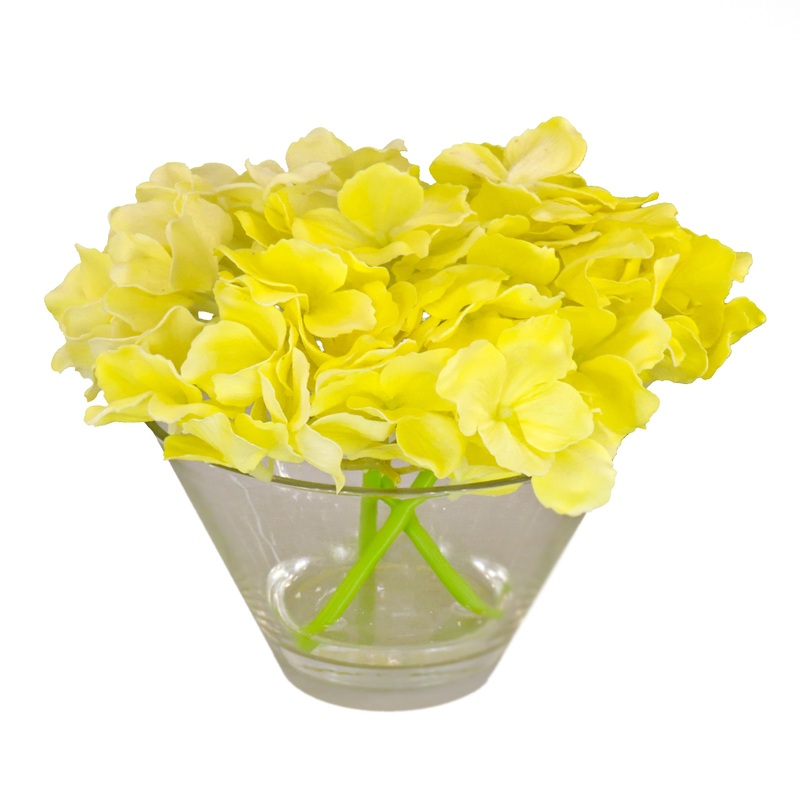 8 in. Spring Yellow Hydrangea Bouquet in Glass Vase