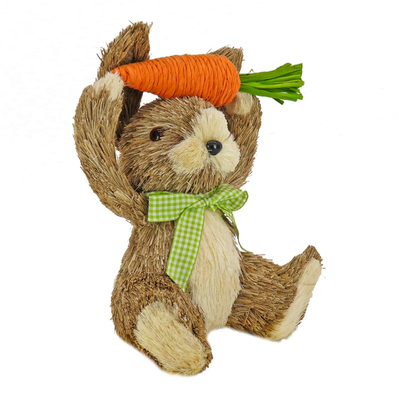 9 in. Easter Bunny with Carrot Table Decoration Decorated with Checkered Green Bow