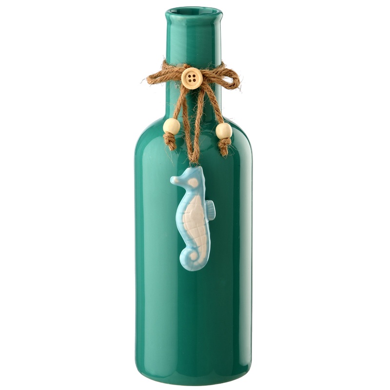 9 in. Spring Turquoise Porcelain Vase with Sea Horse