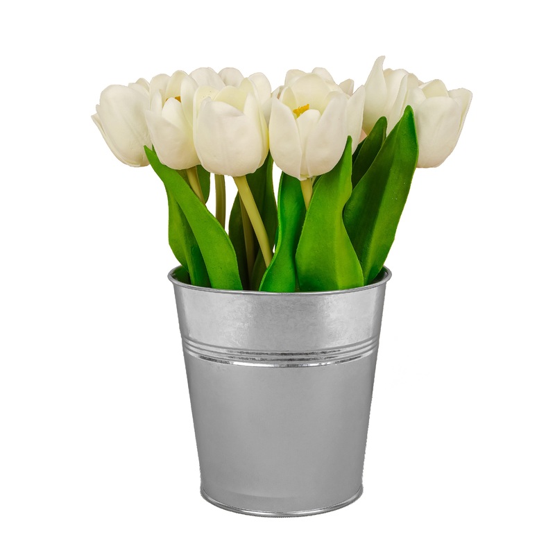 9 in. Spring White Tulip Bouquet in Metal Pot