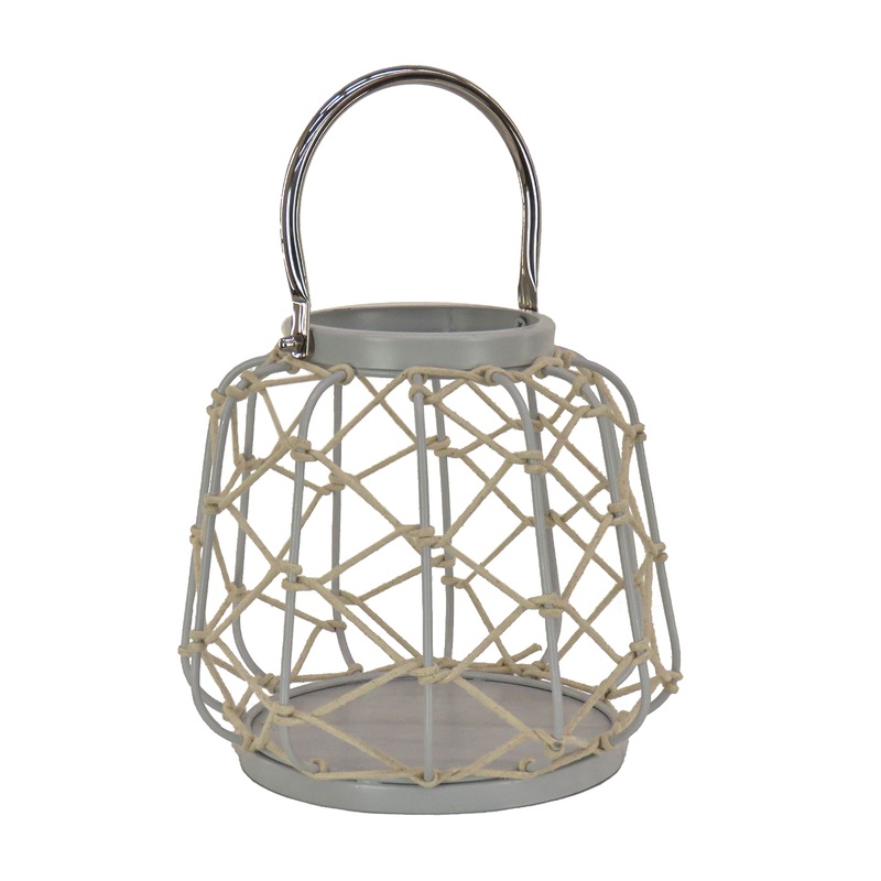 10 in. Glacier Gray Candle Lantern with Rope Weave