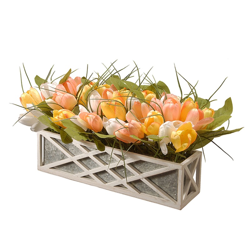 10 in. Spring Planter Box with Peach, Yellow and White Tulip Blooms, Leafy Greens in a Ornate White Wooden Base