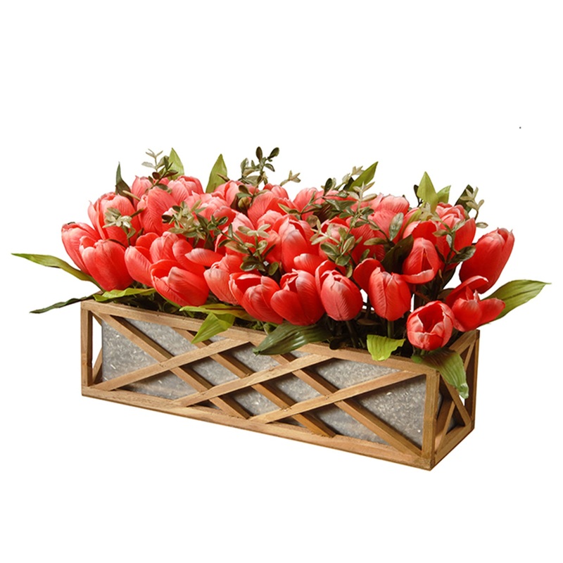 10in. Spring Planter Box with Pink and Red Tulip Blooms, Leafy Greens in a Ornate Natural Wooden Base