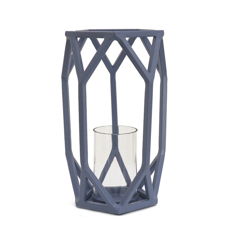 11 in. Modern Design and Finish Dusty Blue Outdoor Lantern Candleholder