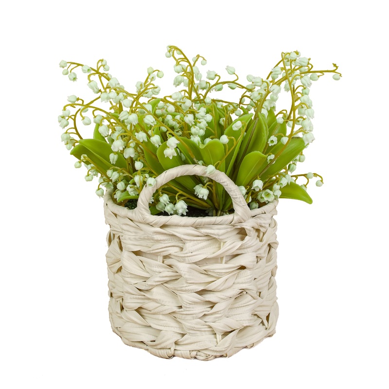 11 in. Spring Green Lily-of-the-Valley Flowers in White Basket