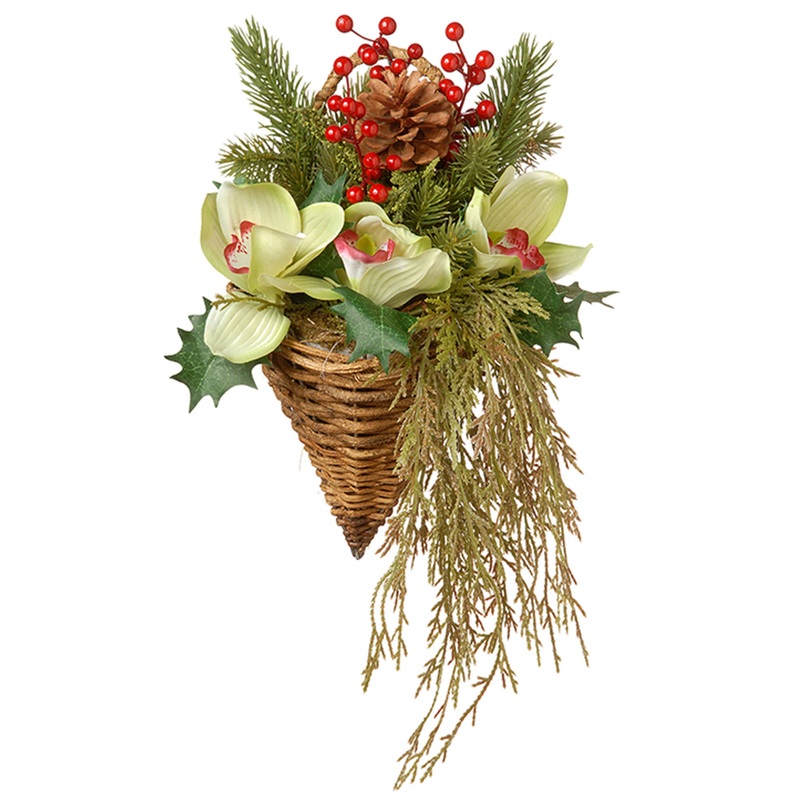 11 in. Spring Hanging Cone Basket with Green Flowers, Ivy, Berry Clusters, Pine Cones