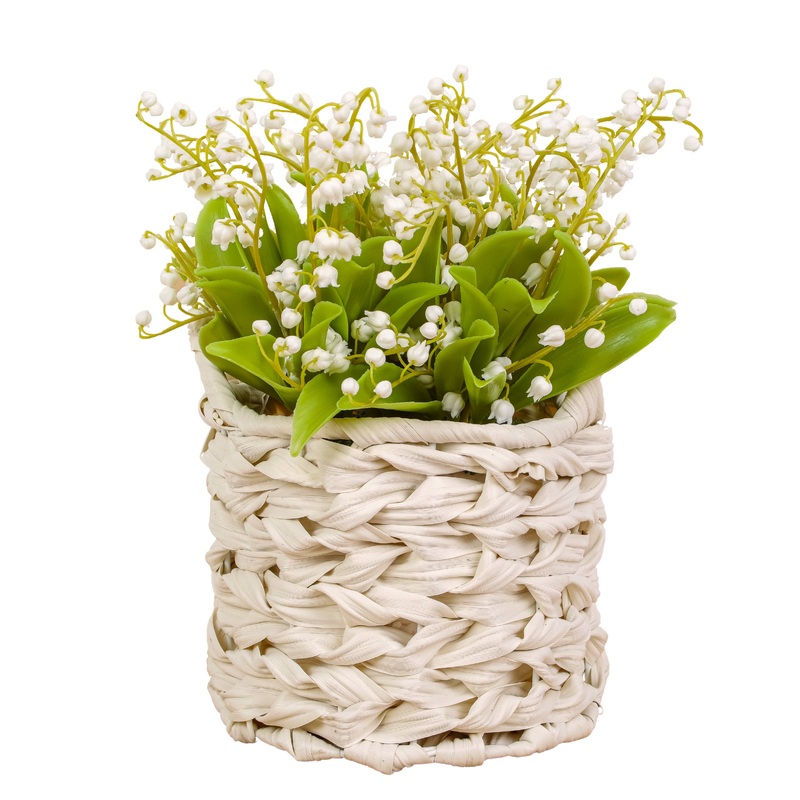 11 in. Spring White Lily-of-the-Valley Flowers in White Basket